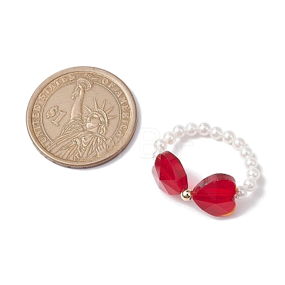 Heart Bowknot Transparent Glass & Shell Pearl Beaded Finger Rings RJEW-TA00123-1