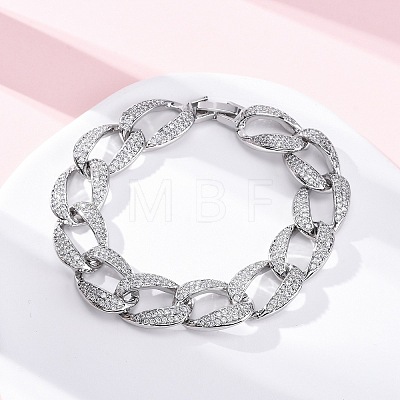 Brass Micro Pave Clear Cubic Zirconia Curb Chain Bracelets for Women BJEW-A034-04B-P-1