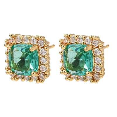 Brass Micro Pave Green Cubic Zirconia Stud Earrings for Women EJEW-F418-19G-1