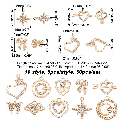 50Pcs 10 Style Heat & Arrow & Butterfly & Star & Bowknot Alloy Pendants FIND-GO0001-03-1