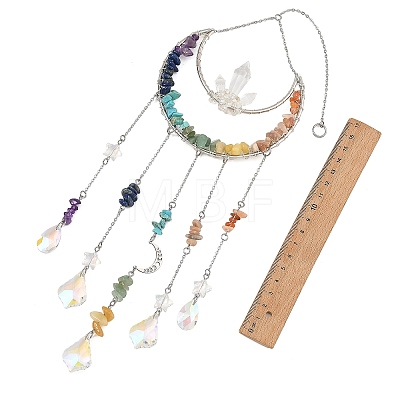 Chakra Natural & Synthetic Gemstone Chips & Metal Moon Suncatchers HJEW-TA00504-1