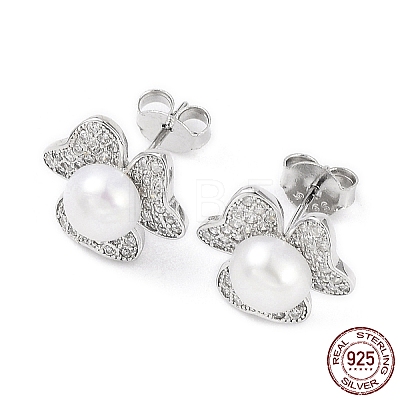 Cubic Zirconia Flower with Natural Pearl Stud Earrings EJEW-F318-07P-1