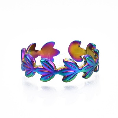 304 Stainless Steel Leaf Wrapped Cuff Ring RJEW-N038-062-1