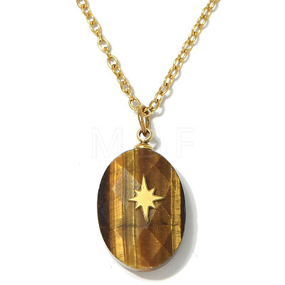 Natural Tiger Eye Faceted Oval Pendant 304 Stainless Steel Cable Chain Necklaces for Women WG4FB82-02-1
