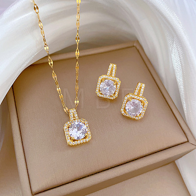 Brass Micro Pave Cubic Zirconia Pendant Necklace & Stud Earrings WG7AC39-74-1