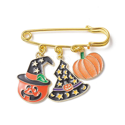 3Pcs 3 Style Halloween Theme Pumpkin & Moon & Bat & Ghost Alloy Enamel Charms Safety Pin Brooches JEWB-BR00095-1