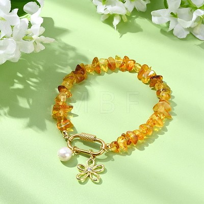 Flower Brass & Clear Cubic Zirconia Charm Bracelets BJEW-JB13920-1