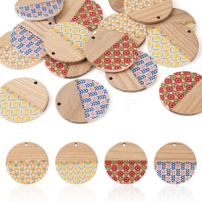 16Pcs 4 Colors Printed Resin & Wood Pendants WOOD-BT0001-13-1