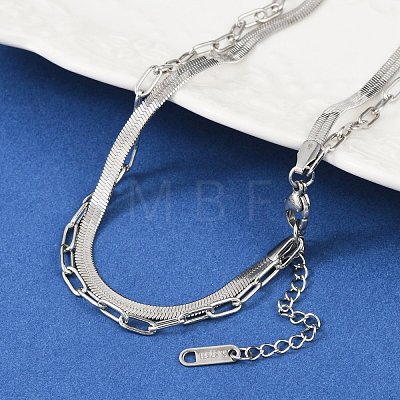 Non-Tarnish 304 Stainless Steel Paperclip & Herringbone Chains Double Layer Necklace for Men Women LS-NJEW-E046-01P-1
