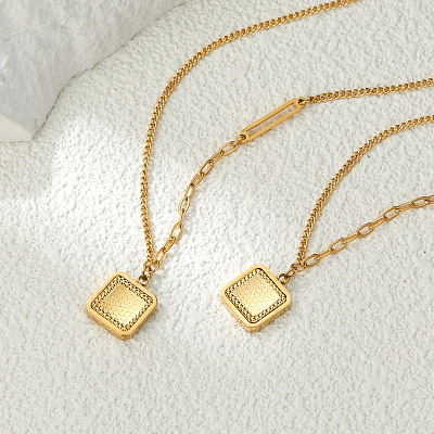 304 Stainless Steel Textured Square Pendant Mixed Chain Necklaces for Women WG76D8C-01-1