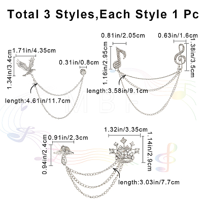 Gorgecraft 3Pcs 3 Style Crown & Eagle & Music Note Crystal Rhinestone Hanging Chain Brooches JEWB-GF0001-34-1
