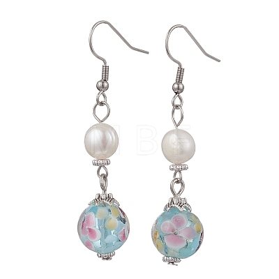Round Natural Cultured Freshwater Pearl & Lampwork Dangle Earrings EJEW-JE06881-1