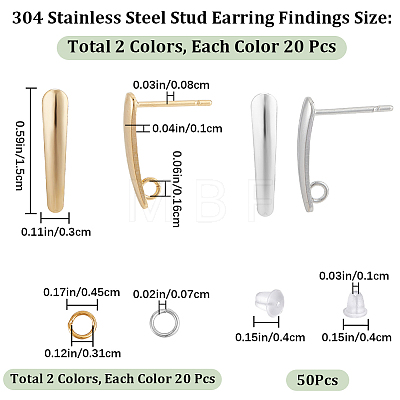 CREATCABIN 40Pcs 2 Colors Teardrop Brass Stud Earring Findings DIY-CN0002-72-1
