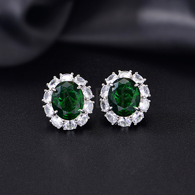 Brass Micro Pave Cubic Zirconia Oval Stud Earrings for Women LC6425-1-1