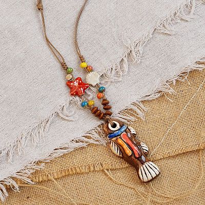 Adjustable Ethnic Handmade Porcelain & Wood Colorful Pendant Waxed Cord Necklaces WG91B87-01-1