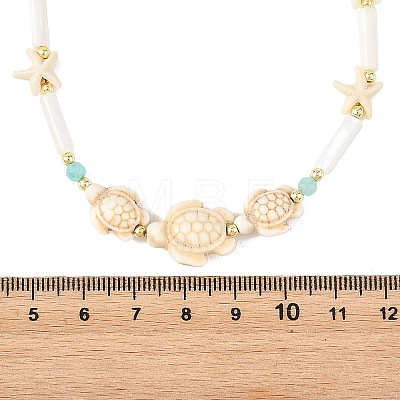 Summer Beach Dyed Synthetic Turquoise Starfish Turtle & Natural Shell Column Graduated Beaded Necklaces with Natural Amazonite Faceted Round Beads NJEW-JN06601-01-1