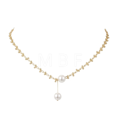White Round Shell Pearl Pendant Brass Oval Link Chain Necklaces for Women NJEW-JN05695-1
