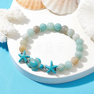 Dyed Synthetic Turquoise Turtle and Starfish Beaded Bracelets BJEW-JB10062-01-1