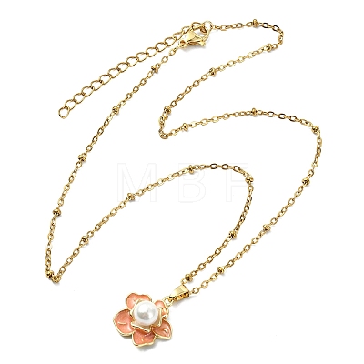 Brass Enamel & Shell Pearl Pink Flower Pendant Satellite Chain Necklaces for Women NJEW-JN06111-1