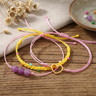 3Pcs 3 Styles Natural Amethyst & Glass Round Beads Braided Bead Bracelets & Stainless Steel Heart Link Bracelets LB7339-1-1