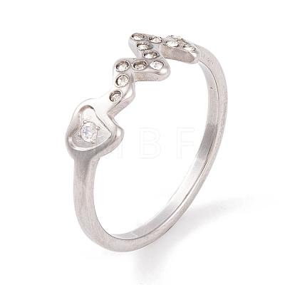 304 Stainless Steel with Rhinestone Heartbeat Finger Ring for Women RJEW-C086-16-P-1