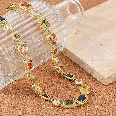 Brass Colorful Cubic Zirconia Cup Chain Oval & Rectangle Necklaces for Women NJEW-M079-05G-1