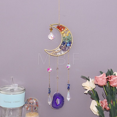 Copper Wire Wrapped Natural Mixed Stone Chips Moon Suncatcher HJEW-H065-04G-02-1