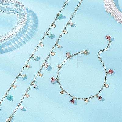 Mixed Gemstone Chip & 201 Stainless Steel Heart Tassel Anklets AJEW-AN00787-1