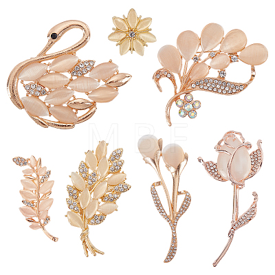 7Pcs 7 Styles Alloy Crystal Rhinestone Brooches for Women JEWB-WR0001-11-1