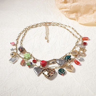 Zinc Alloy & Porcelain & Glass & CCB Plastic Flower Heart Lock Pendant Double Layer Bib Necklaces FS-WGC767F-01-1
