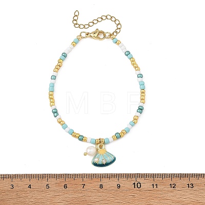 Ocean Natural Pearl and Alloy Crystal Rhinestone Enamel Shell Shape Charm Bracelets BJEW-JB14256-1