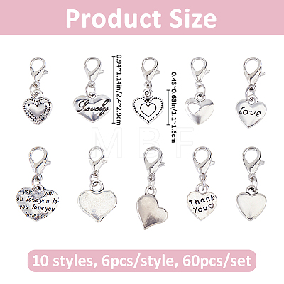 60Pcs 10 Styles Valentine's Day Heart Alloy Pendant Decorations HJEW-FH00290-1
