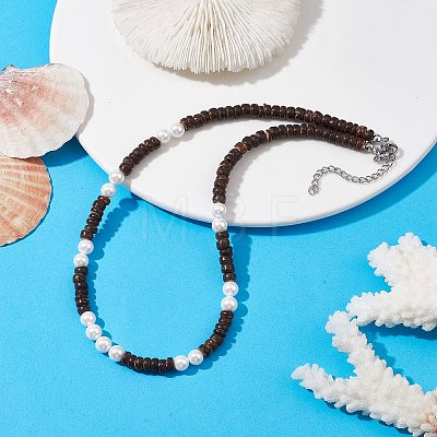 Natural Coconut Column and Shell Pearls Bead Necklaces for Women NJEW-JN04666-1