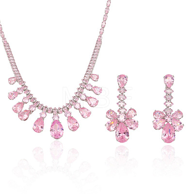 Brass Micro Pave Cubic Zirconia Pendant Necklaces & Stud Dangle Earrings Sets for Women WG2183E-01-1