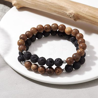 Natural Lava Rock & Wooden Round Beaded Stretch Bracelet BJEW-JB10075-1