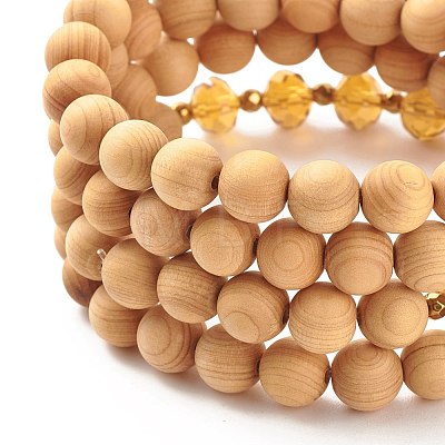 Natural Wood Wrap Bracelet with Synthetic Hematite BJEW-JB07931-1