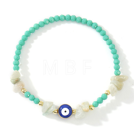 Natural Gemstone Chip & Brass Evil Eye & Glass Beaded Stretch Bracelets for Daily Wear PI9480-4-1