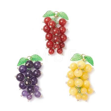3Pcs 3 Styles Natural Amethyst & Carnelian & Yellow Jade & Glass Seed Beaded Grape Pendants PALLOY-MZ00872-1