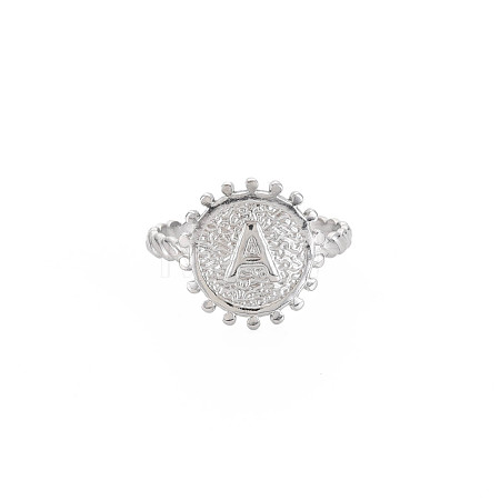 Non-Tarnish 304 Stainless Steel Flat Round with Initial Letter Open Cuff Ring for Men Women RJEW-S405-246P-A-1