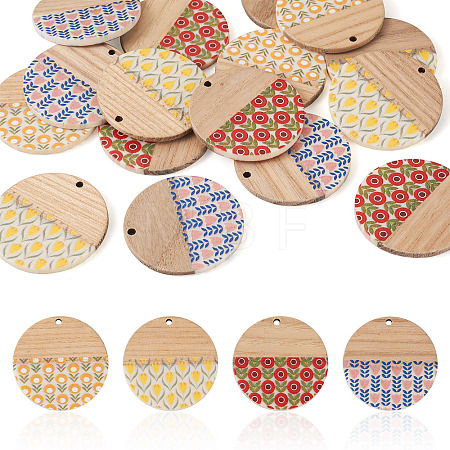 16Pcs 4 Colors Printed Resin & Wood Pendants WOOD-BT0001-13-1