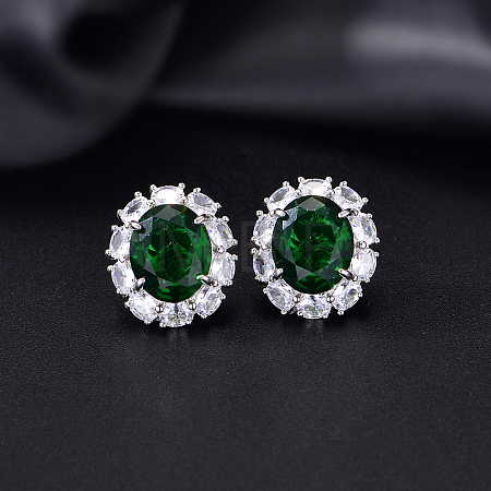 Brass Micro Pave Cubic Zirconia Oval Stud Earrings for Women LC6425-1-1