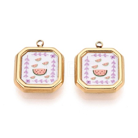 Printed Style 304 Stainless Steel Square with Flower Pendants STAS-T071-24A-G-1
