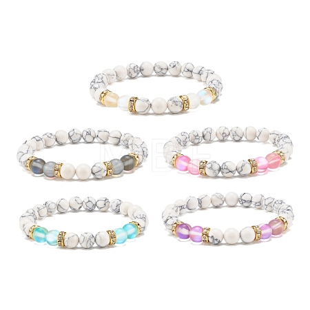Synthetic Moonstone & Howlite Round Beaded Stretch Bracelet BJEW-JB07878-1