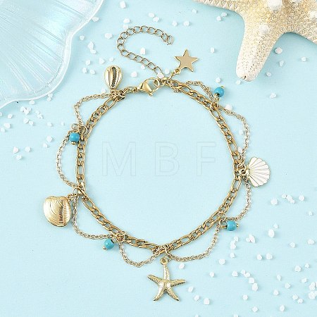 Ocean Synthetic Turquoise Beads & Alloy Starfish Shell Shape Charm Anklets with 304 Stainless Steel Cable Chain Tassel for Women AJEW-TA00069-1
