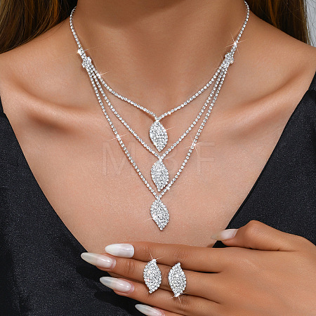 Brass Crystal Rhinestone Leaf Stud Earrings & Multilayer Necklaces Sets for Women WGF939A-01-1