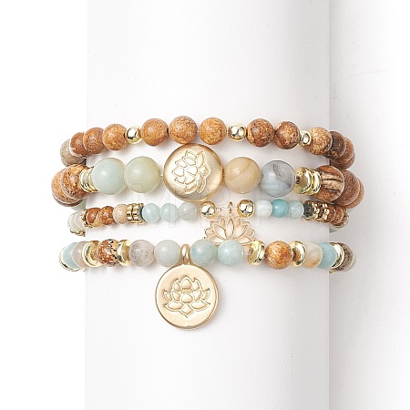 Natural Flower Amazonite & Picture Jasper Beaded Stretch Bracelets Sets with Non-Magnetic Synthetic Hematite BJEW-JB09280-1