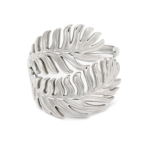 304 Stainless Steel Leaf Open Cuff Ring for Women RJEW-M149-23P-1