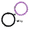 2Pcs Matching Natural Black Matte Stone & Amethyst Round Beads Stretch Bracelets PT6851-5-1