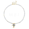 Brass Enamel Fish and Natural Pearl Rice Pendant Natural Blue Lace Agate Nuggets Beaded Necklaces for Women NJEW-JN06357-02-3