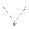 Natural Lepidolite Faceted Horse Eye & Natural Pearl Pendant 304 Stainless Steel Satellite Chain Necklaces for Women NJEW-JN06057-02-2